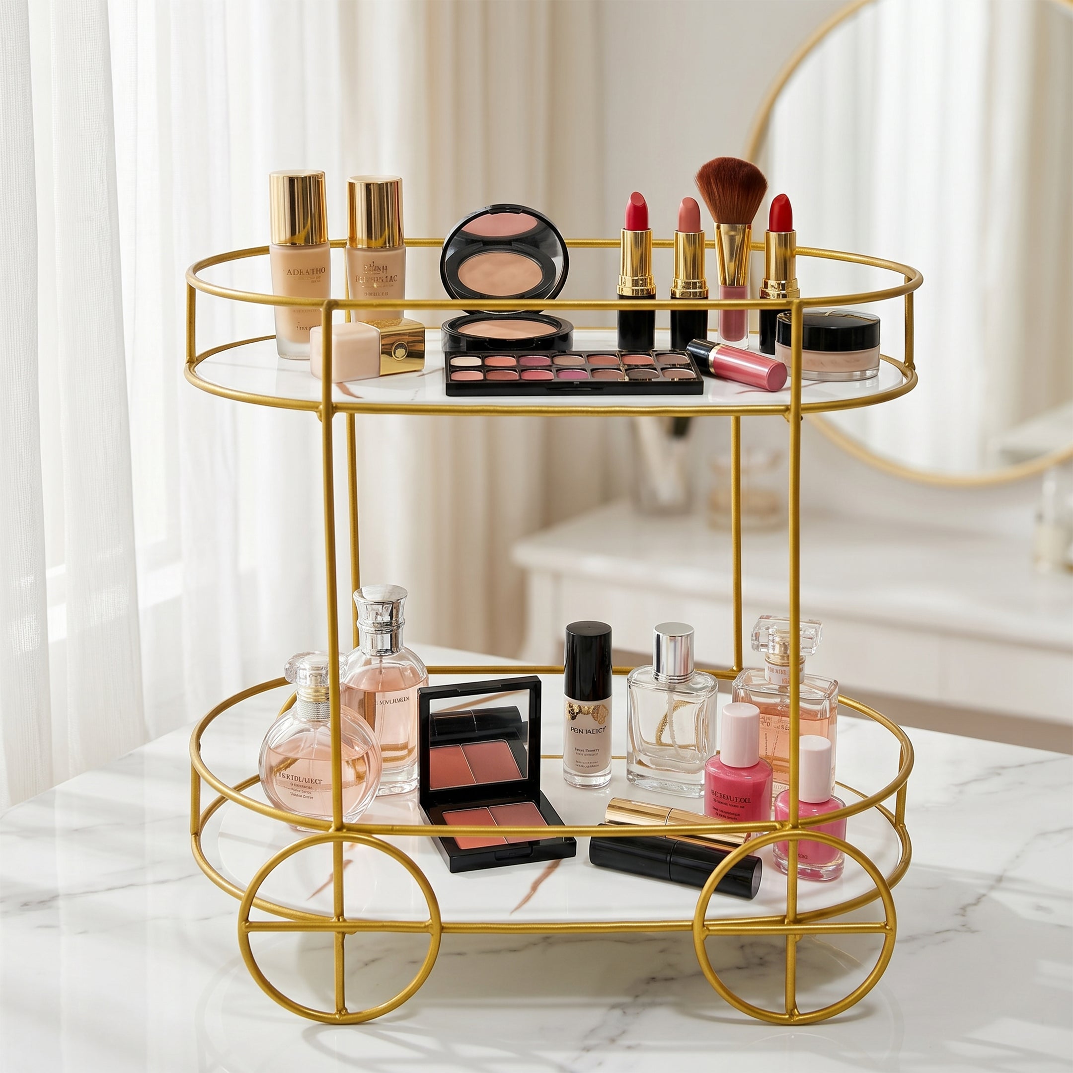 Arooji’s 2-Layer Trolley Makeup Organizer – White & Black
